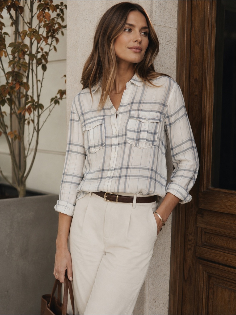 PAIGE XS 100% Viscose Plaid Button Down Shirt Ivory Gray Soft Lightweight
